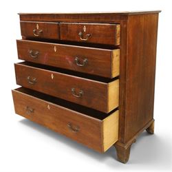 18th century oak chest, fitted with two short and three long graduating drawers, bone escutcheons and brass swan neck handles, bracket feet