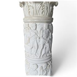 Neoclassical design composite column, square top over composite Ionic and Corinthian capital, the pedestal decorated with hunting and religious procession scenes, waisted and foliate socle on square base