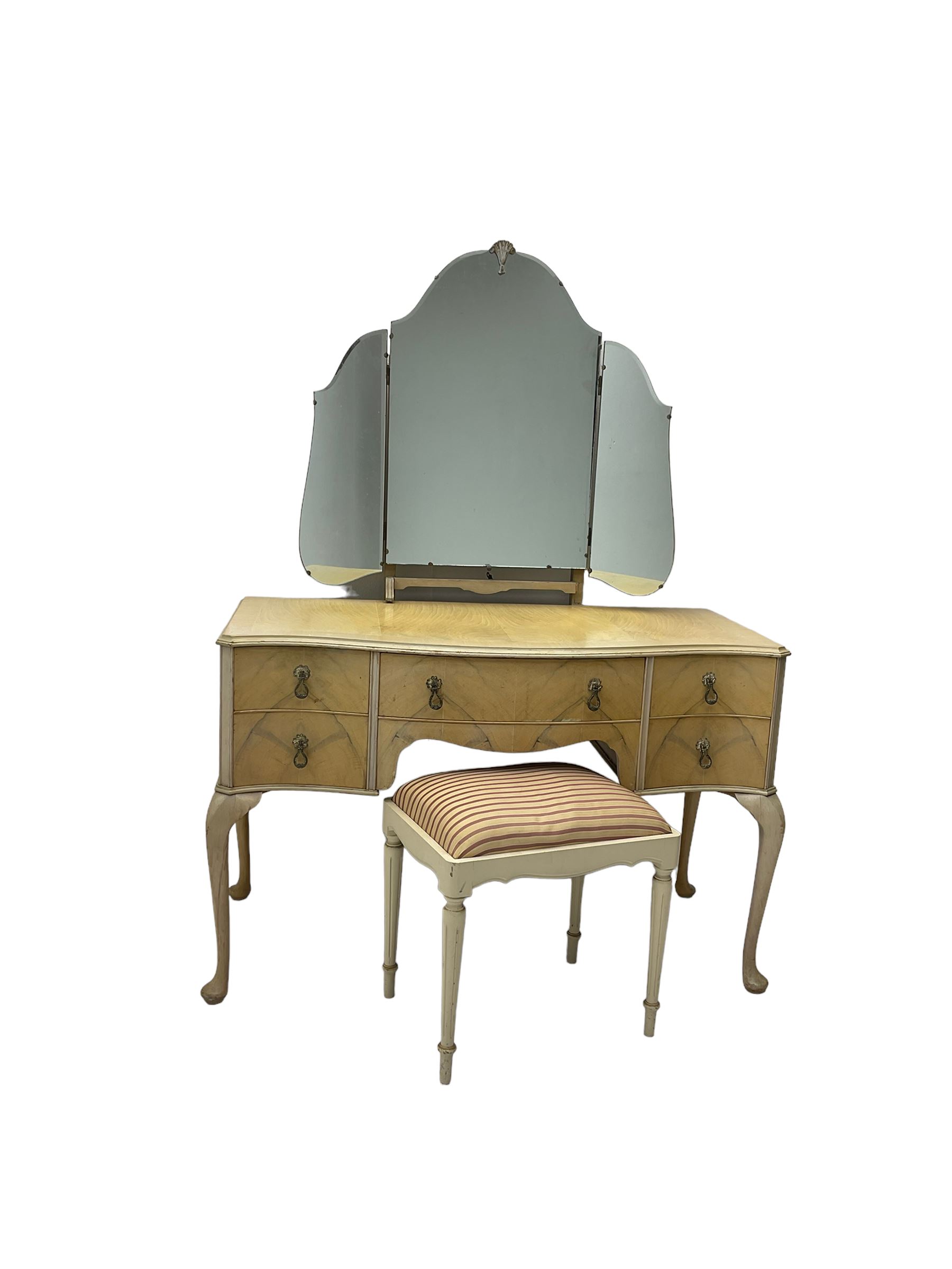F Wrighton & Sons Ltd -  French style painted serpentine dressing table, with triple mirror back, on cabriole supports (106cm x 55cm x 135cm), and F Wrighton & Sons Ltd - French style narrow double wardrobe (92cm x 54cm x 187cm)