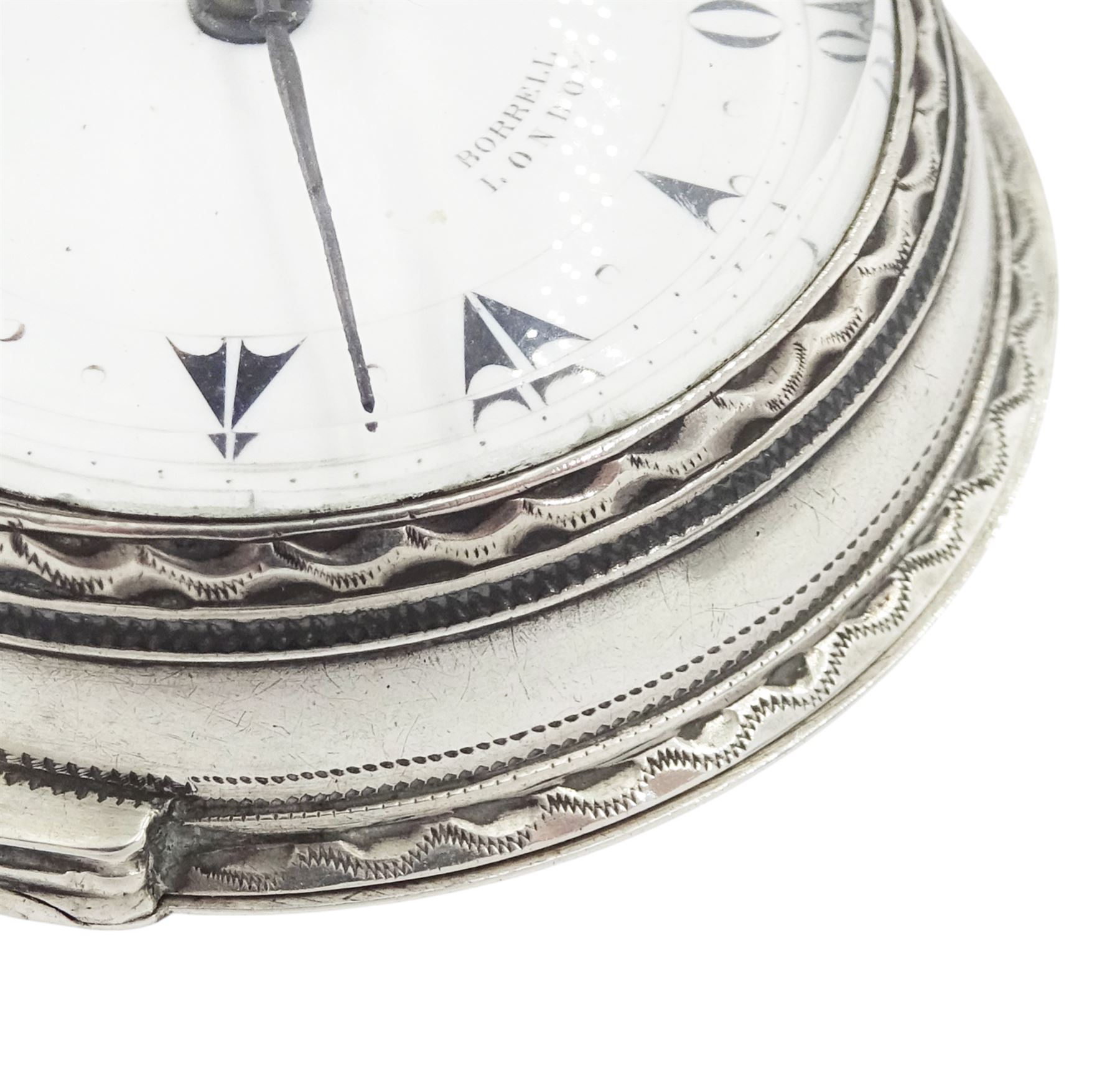 George III silver and gilt metal triple cased verge fusee pocket watch, for the Turkish market by Markwick Markham Borrell, London, No. 23209, ornate classical design pillars, pierced and engraved foliate balance cock, white enamel dial with Turkish numerals, bull's eye glass, the silver cases by James Richards, London 1804, the silver and gilt outer case decorated with green shagreen