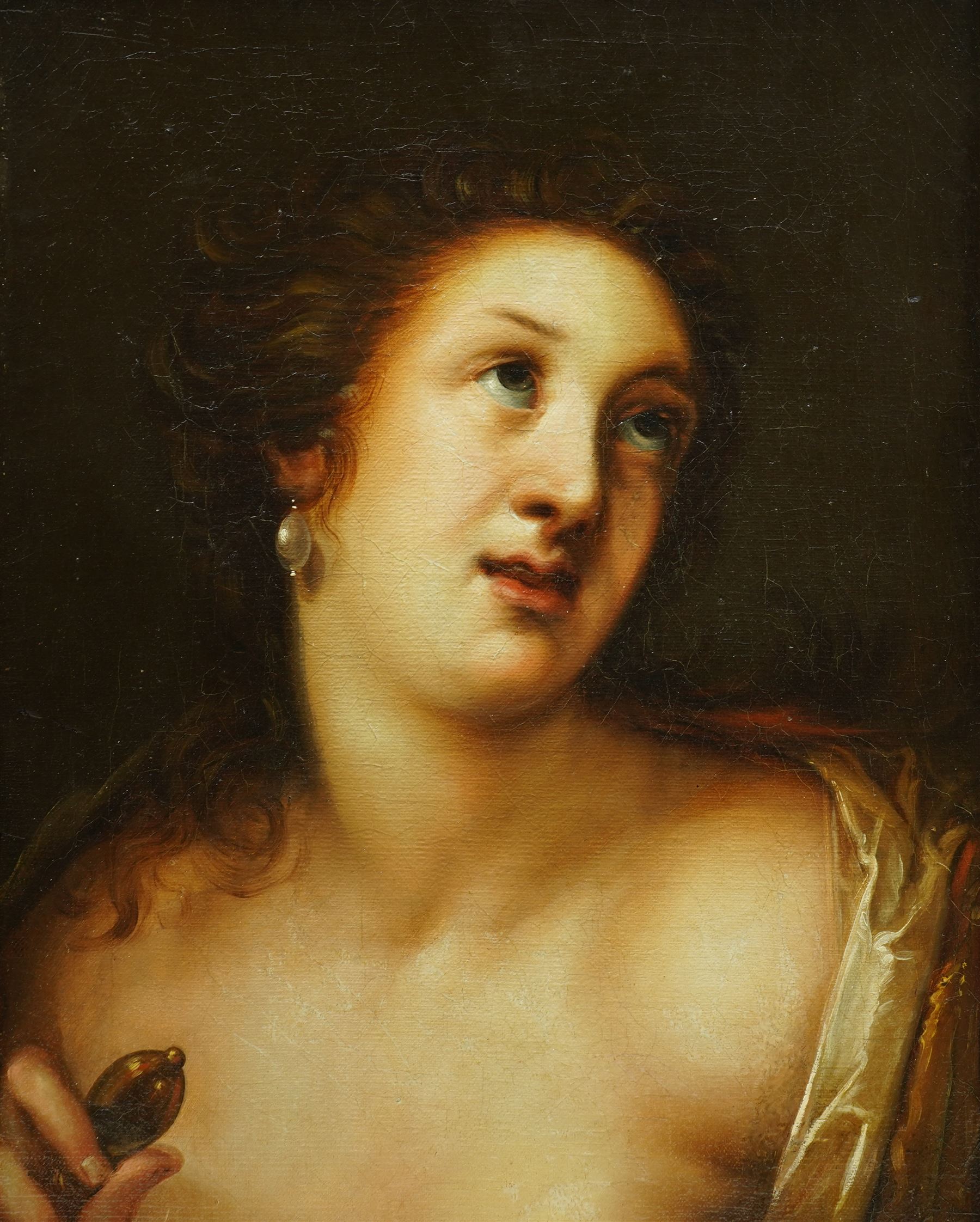 Follower of Gortzius Geldorp (Flemish 1553-1618): The Death of Lucretia, 18th century oil on canvas unsigned 48cm x 37cm
Notes: portrays the moment just before Lucretia's tragic suicide by dagger (note the hilt in her hand). The painting bears a remarkable similarity in composition to Geldop's Venus; additionally, the work also highlights the pearl earring of Lucretia, a signature inclusion of Gortzius to showcase wealth and symbolic elements. 