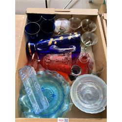 Three boxes of coloured glass to include art glass vase, carnival glass etc