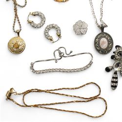 Three pairs of 9ct gold stone set stud earrings, collection of silver jewellery including eight necklaces, two stone set bracelets, earrings, a Kirks Folly brooch and other costume jewellery 