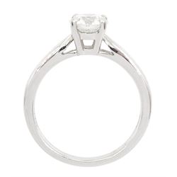 Platinum diamond ring, single stone round brilliant cut diamond of 0.91 carat, in a four claw setting, hallmarked, with GIA report, colour F, clarity SI2