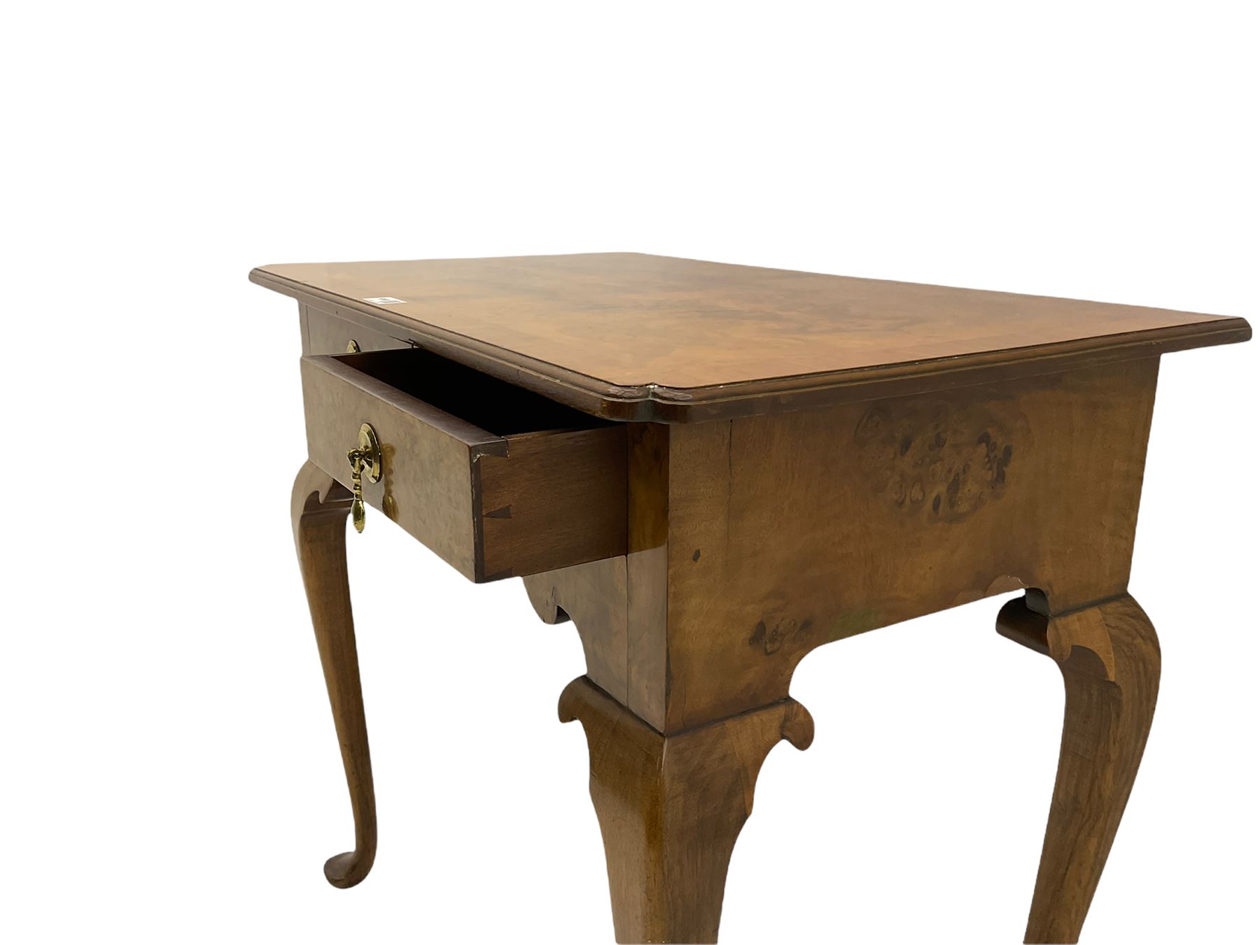 Queen Anne style figured walnut lowboy, moulded rectangular top with band,  over shaped apron fitted with two drawers, on cabriole supports