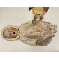 Catterfelder Puppenfabrik Germany bisque head baby doll with moulded hair, sleeping eyes, open mouth with teeth and trembly tongue, and composition body with jointed limbs; marked 'C.P. 208/50 V S' H50cm; together with an Armand Marseille bisque head doll with applied hair, sleeping eyes, open mouth with teeth and composition body with jointed limbs; marked 'Made in Germany Armand Marseille 390n D.R.G.M. 246/1 A. 6 M.' H56cm (2)