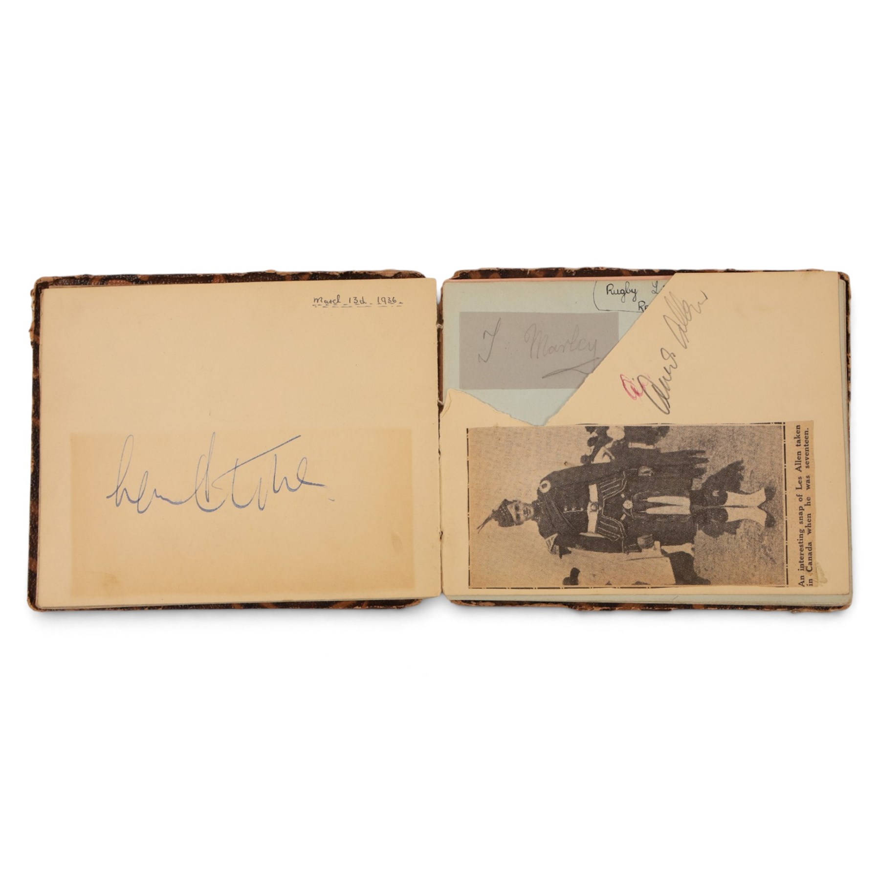 Three 1930s autograph and scrap books, comprising a scrap book documenting the Australian Rugby League team tour of England and France 1937 with newspaper clippings and a collection of signatures in pencil including Wally Prigg, Harry Pearce and Jack Reardon and two autograph books from 1935 and 1936, with signatures including players from St Helens RLFC, Yorkshire Cricket Club, Hull FC, Dewsbury RLFC, Blackpool FC, Salford RLFC, Leeds RLFC, Batley RLFC, Wigan RLFC, Manchester United, Hull Baseball Club, Tottenham Hotspur FC, and assorted entertainment signatures from theatres of the time 