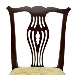 Set six (1+5) George III design mahogany dining chairs, shaped cresting rail over bulbous vase-shaped splat with pierced decoration, on square tapering supports, upholstered drop-in seats