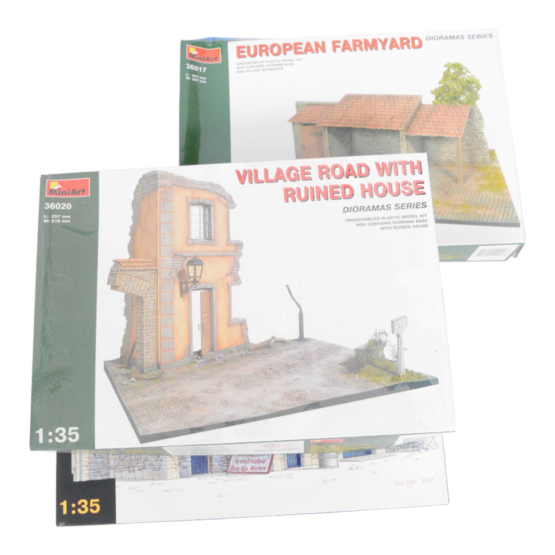 Seventeen Mini Art 1:35 scale model building and accessory kits, comprising 36017 European Farmyard, 35511 Ruined Garage, 35508 Italian City Building, 35536 Ruined Building, 35507 French Farmyard, 36020 Village Road with Ruined House, 36034 Farm Gate with Base, 35537 German Pharmacy Ruin, 35502 House Accessories, 35005 Building Accessories, 35583 Cable Spools, 35571 Wine Bottles and Crates, 35530 Street Accessories, 35578 Water Pump, 35581 Wooden Boxes and Crates and two 35550 Wooden Barrels and Village Utensils, all boxed