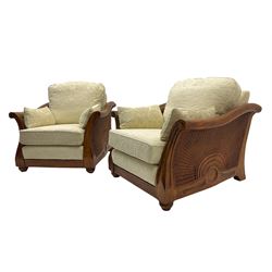 Multi-York - Hardwood framed bergère lounge suite, three seat sofa (W204cm), and pair matching armchairs (W90cm), upholstered in cream floral pattern fabric 