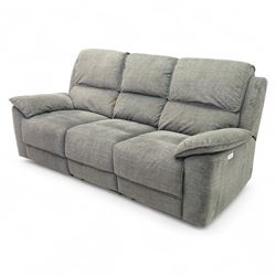 Oak Furnitureland - charcoal fabric electric recliner suite, comprising three-seat sofa and two matching armchairs, each with power reclining mechanism and integrated USB-A charging socket, upholstered in soft charcoal grey fabric with pillow arms and split back cushions

Armchairs W 100, D 82, H 104cm
Sofa W 230cm, D 82cm, H 104cm