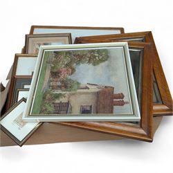 H E Downing watercolour of Chester; S Wagstaff pair of watercolours; Irene Dunlop cottage watercolour together with watercolour of ducks and others (one box)