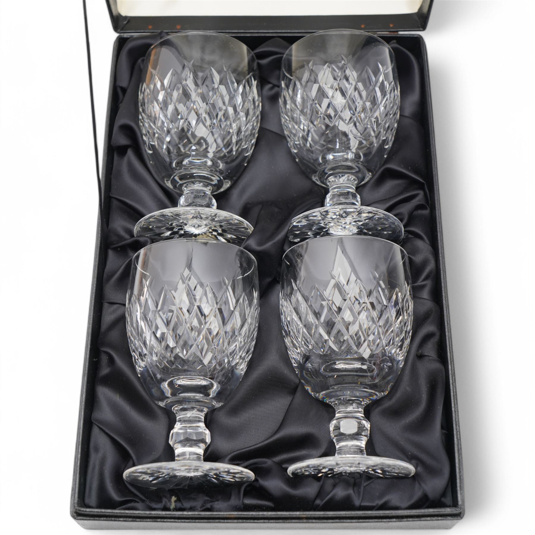 Set of four Waterford Boyne pattern claret glasses, six Stuart crystal small tumblers and six Thomas Webb sherry glasses, all boxed