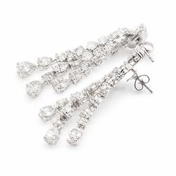 Pair of 18ct white gold diamond pendant earrings, each stud set with pear cut diamond, suspending three rows of graduating pear cut diamonds, total diamond weight approx 7.60 carat