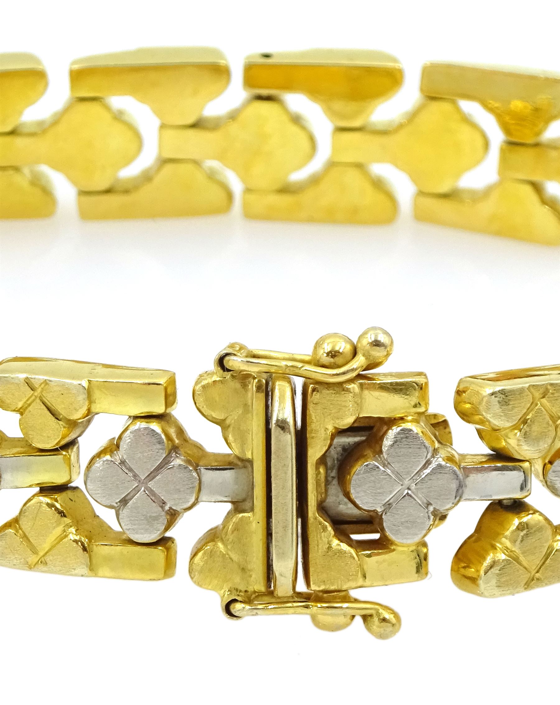9ct white and yellow gold fancy clover leaf link bracelet, Birmingham import mark 1990