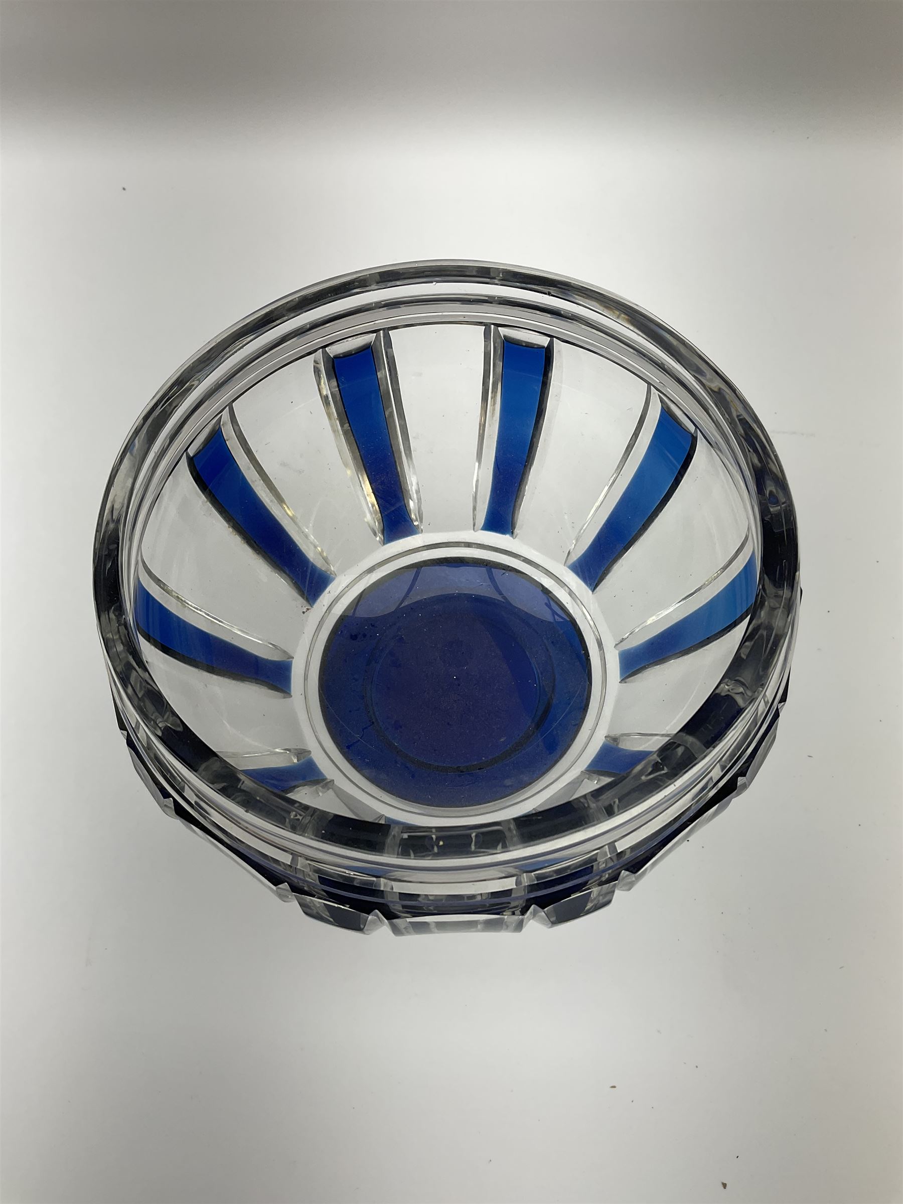 Mid 20th century Val Saint Lambert style pedestal bowl, the clear cut glass with blue overlay panelled decoration, raised upon spreading circular foot, H15cm D18cm