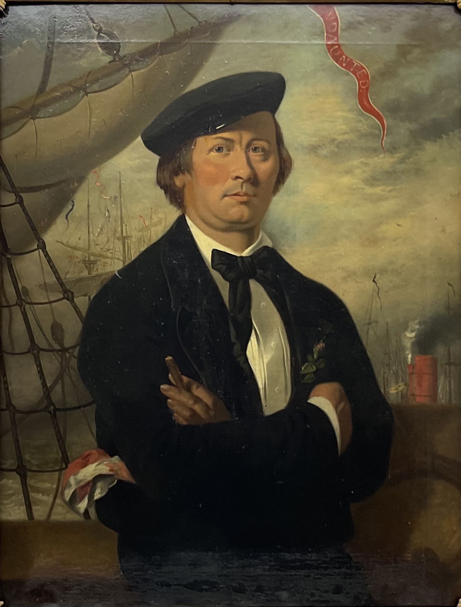 Thomas Joseph Banks (British 1828-1896): Sea Captain and his Wife - half length portraits, pair oils on canvas signed and one dated 1860, 90cm x 70cm (2) 
Notes: the ensign flying above the Captain's head appears to read Endaunted but may refer to the famous 'Undaunted' which was broken up in 1860