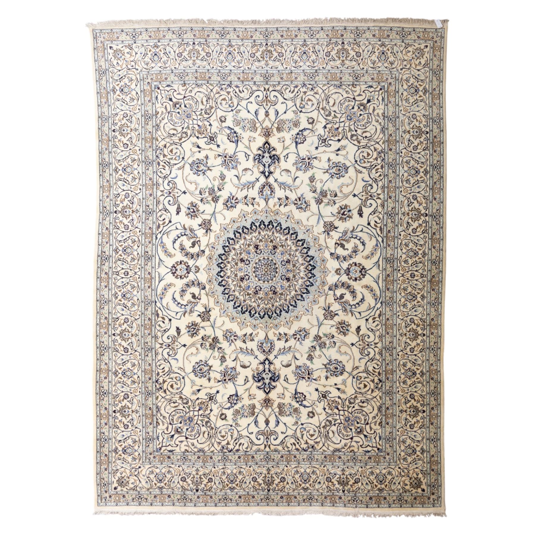 Central Persian Nain hand-knotted carpet, wool with silk highlights, ivory field with central radiating medallion surround by an intricate arrangement of scrolling vines and floral motifs, within conforming spandrels and matching border, cotton fringe ends 