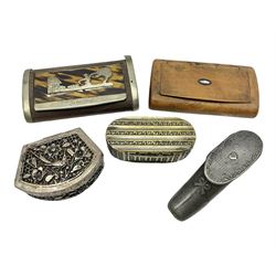 Five snuff boxes, including novelty snuff box in the form of a shoe, pierced example, rectangular hinged lid with white metal decoration and two others  