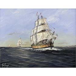 Adrian Thompson (British 1960-): Masted Ships at Sea, oil on canvas signed 40cm x 50cm