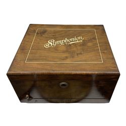 Late 19th century Symphonion disc musical box in inlaid walnut case with front lever action playing 25.5cm discs on a 10.5cm steel comb with forty-nine teeth, musical scene of cherubs under the lid, L33cm; together with five 25.5cm discs, fifteen 20.5cm discs and eleven 19cm discs