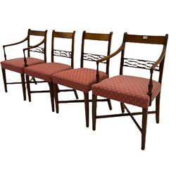 Set of eight (6+2) Regency mahogany dining chairs, rail and lozenge pierced rail back over reeded uprights, swept arm rests and turned arm terminals, upholstered seats, raised on square tapered reeded supports united by 'X' stretchers W52cm
