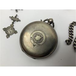 Edwardian silver open faced lever pocket watch, with subsidiary seconds dial, by WE Watts Nottingham, hallmarked William Ehrhardt, Birmingham 1906, together with a silver Albert chain, silver tiger's eye unicorn fob, and a silver vesta case with double sided fob, all hallmarked 