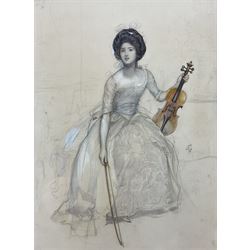 English School (19th century): Lady with Violin, pencil and watercolour signed with indistinct monogram WFC? 30cm x 22cm