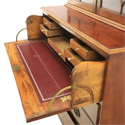 George III mahogany secretaire bookcase, the upper section with projecting cornice above astragal glazed doors, with three adjustable shelves, the lower section with secretaire drawer, fitted and with tooled leather writing surface, inlaid drawer fronts with brass handles, three graduating drawers below, raised on bracket feet