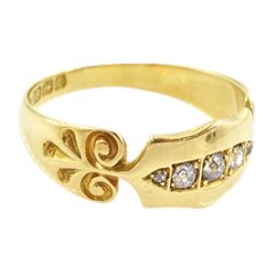 Edwardian 18ct gold, five stone old cut diamond ring, with scroll design shoulders, Birmingham 1904