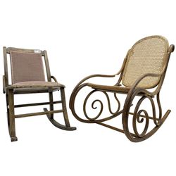 Early 20th century Michael Thonet design bentwood rocking chair, with cane seat and back (W52cm H82cm); Edwardian rocking chair with mauve upholstered back and seat (W43cm H70cm)