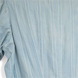 Victorian ladies button-down bodice and skirt, in blue and white striped fabric with pleated detailing, the skirt with gathered bustle back