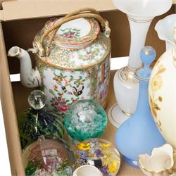 Canton famille rose teapot, covered tureen, pair of contemporary Chinese ginger jars, Victorian glass, paperweights etc, in two boxes