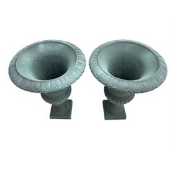 Pair of Victorian design teal painted cast iron campana shaped garden urns, egg and dart rim over a gadrooned underbelly, tapering column on square plinth base - THIS LOT IS TO BE COLLECTED BY APPOINTMENT FROM DUGGLEBY STORAGE, GREAT HILL, EASTFIELD, SCARBOROUGH, YO11 3TX
