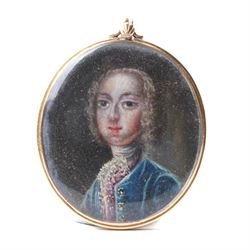 Jacobite interest - Continental School (Mid-18th century): Portrait Miniature Traditionally Identified as Prince Charles Edward Stuart (Bonnie Prince Charlie) depicted wearing a blue velvet coat and lace stock, watercolour on ivory, under convex glass within a gold pendant mount 3cm x 2.5cm, within Moroccan leather fitted case 
This item has been registered for sale under Section 10 of the APHA Ivory Act.