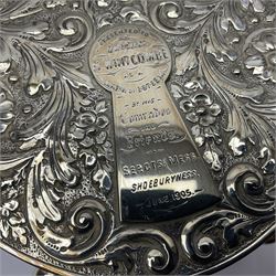 Silver plated, tea caddy, in the form of a heart, with repousse decoration, presented to H Whitcombe, H20cm