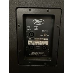 Peavey XR-696F 1200W Amplifier, serial no.K0241228, L47cm; with two Peavey UL bass bins L56cm and two Peavey top speakers L45cm with connecting rods; all with covers; and quantity of heavy duty cables, two microphone cables and microphone stand