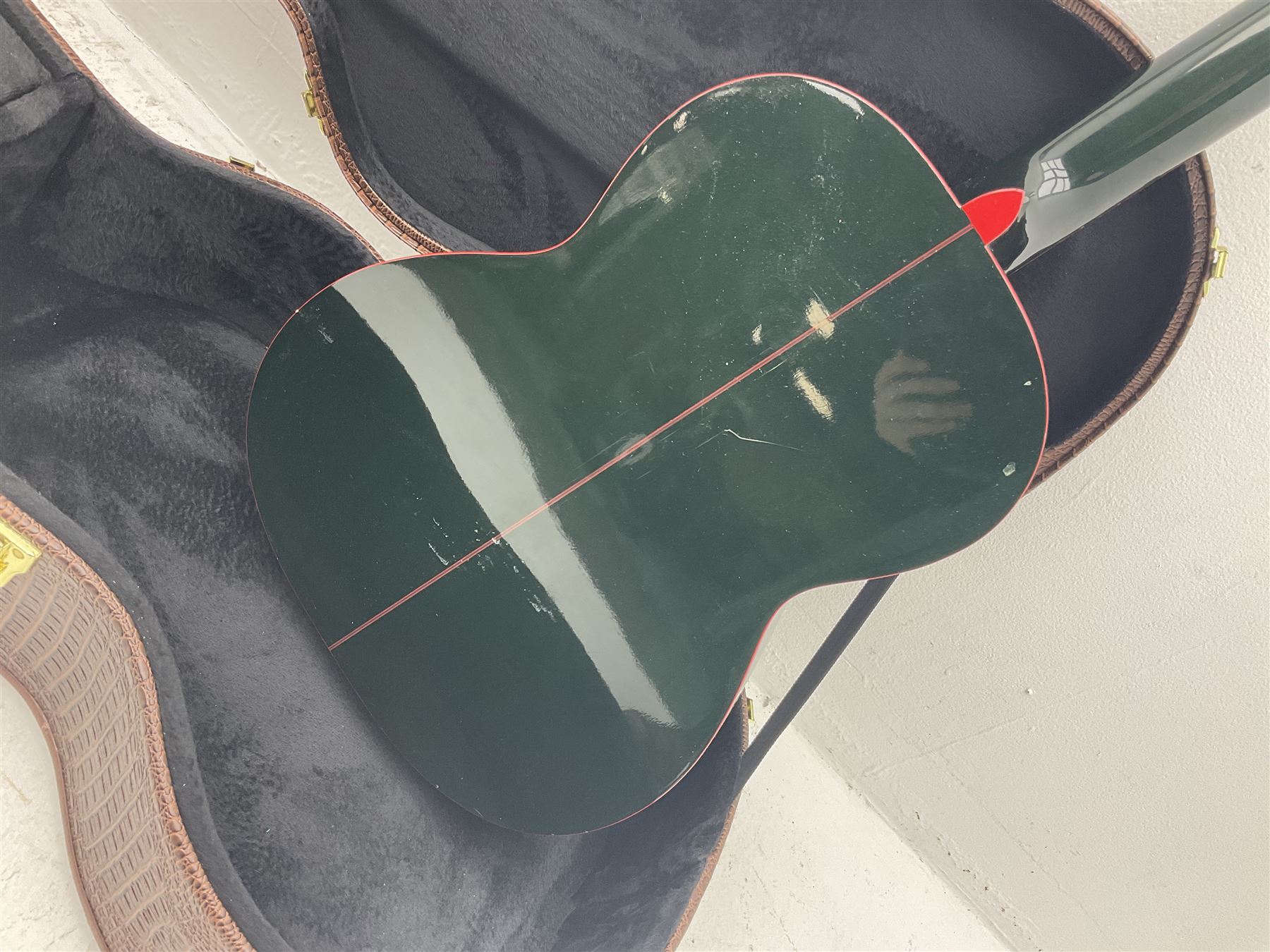 Marlin Classic acoustic guitar model MC1 in green and red L100cm; in simulated reptile skin hard carrying case