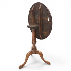 Georgian oak tripod table, plank top raised on a turned baluster column, raised on cabriole supports 