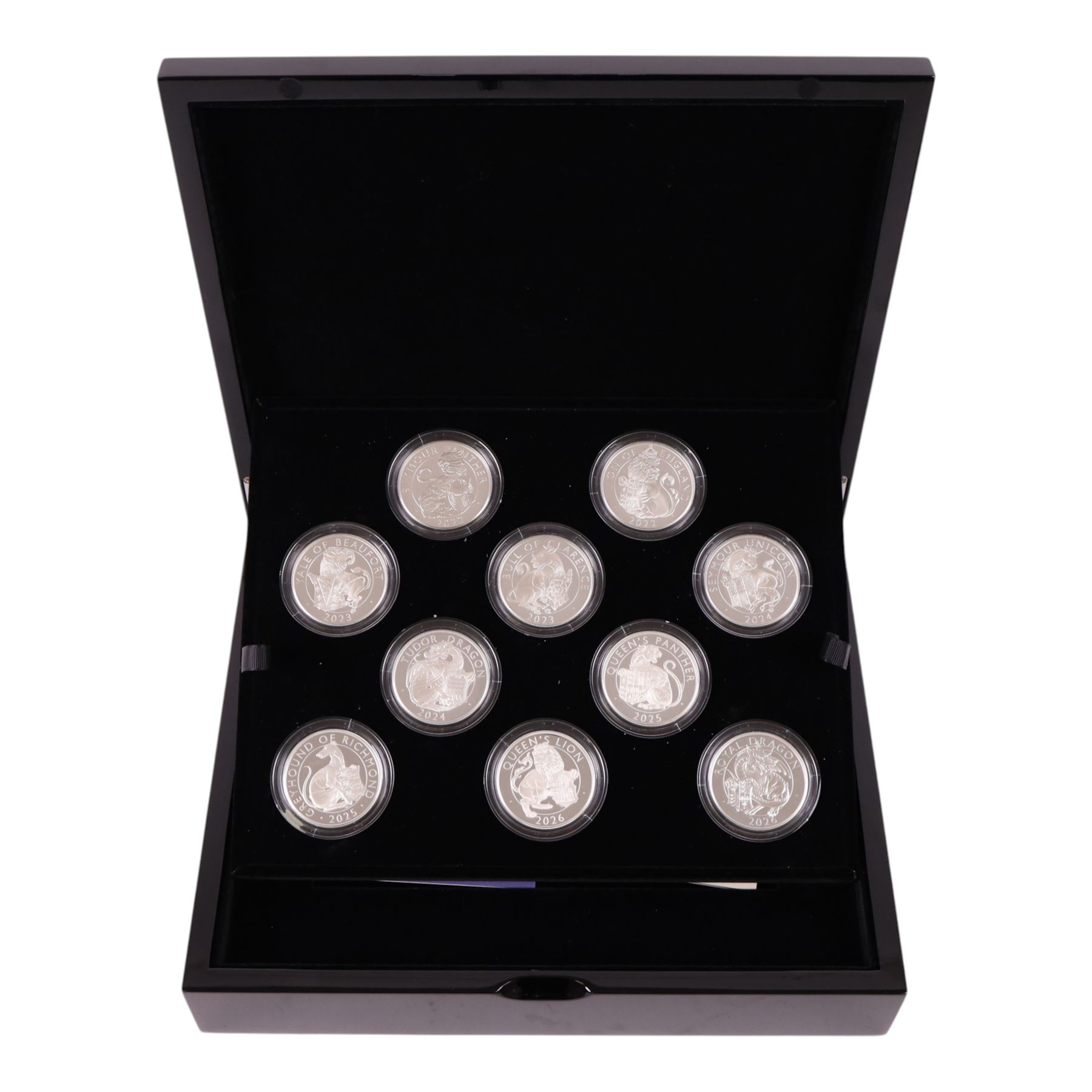 The Royal Mint United Kingdom 'The Royal Tudor Beasts' set of ten one ounce fine silver two pound coins, comprising 2022 (2), 2023 (2), 2024 (2), 2025 (2), and 2026 (2), cased with certificates