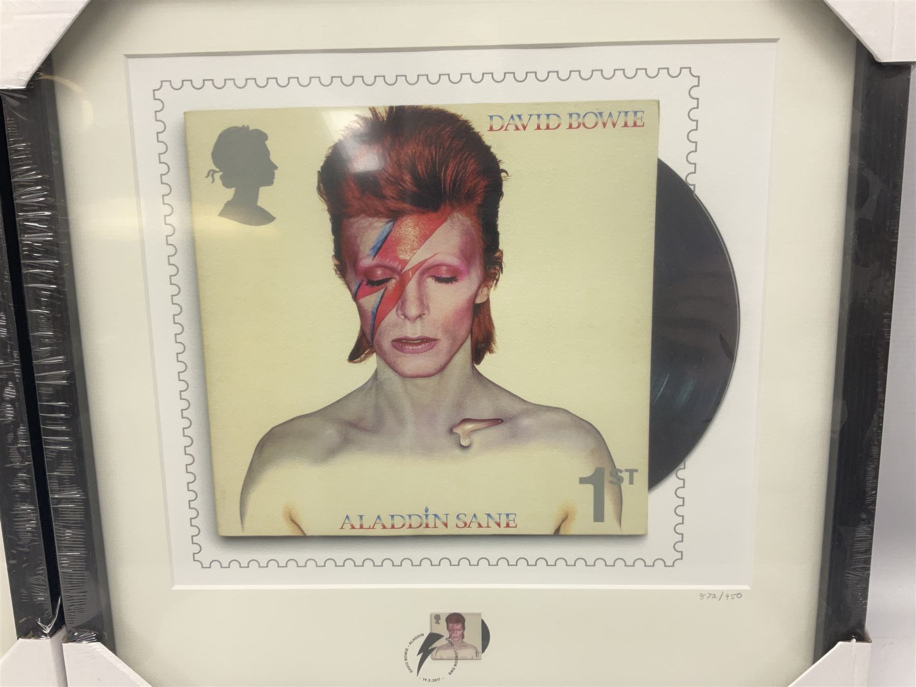 Set of four Royal Mail David Bowie limited edition album stamp prints, comprising Blackstar, Heroes, Let's Dance and Aladdin Sane, all framed and in original packaging, H43cm W43cm