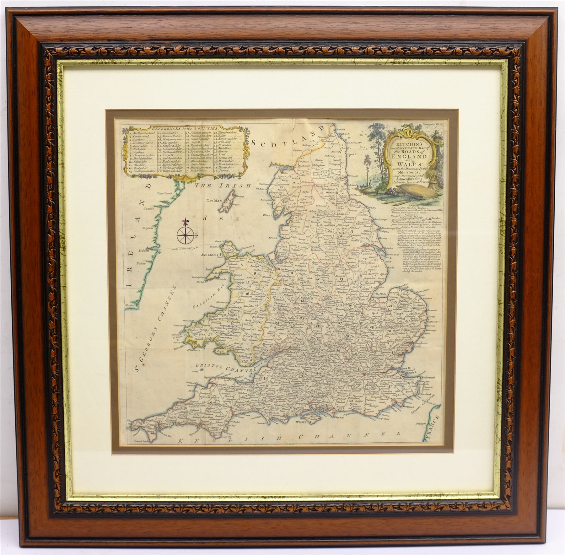 Thomas Kitchin (British 1719-1784): 'Most Accurate Map of the Roads of England and Wales with the Distances by the Mile Stones and other most exact admensurations between Town and Town', printed for R & I Dodsley, Pall Mall circa 1770, hand coloured 35cm x 35cm