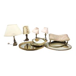 Three decorative mirrors, comprising two of oval form, and a dressing table example of tri part form, together with a footstool, marbled effect lampshade, two pairs of table lamps, and two further table lamps, etc., in one box