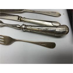 Walker & Hall silver-plate part canteen of cutlery, together with hallmarked silver cutlery comprising pair of Robert Pringle & Sons teaspoons, fork and butter knife, and silver handled knife and fork, cased set of Walker & Hall fish servers with simulated bone handles, and quantity of silver-plate and other cutlery