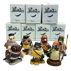 Seven Robert Harrop figures from the Feathers collection, modelled as anthropomorphic birds comprising Blue Tit Milkman, Mallard Boatman, Pheasant Lord of the Manor, Owl School Master, Woodpecker Forester, Swallow Aviator and Seagull Fisherman, all with original boxes