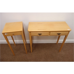  Beech two drawer side table, on tapering supports (W81cm, H74cm, D33cm) and a similar occasional table, (2)  