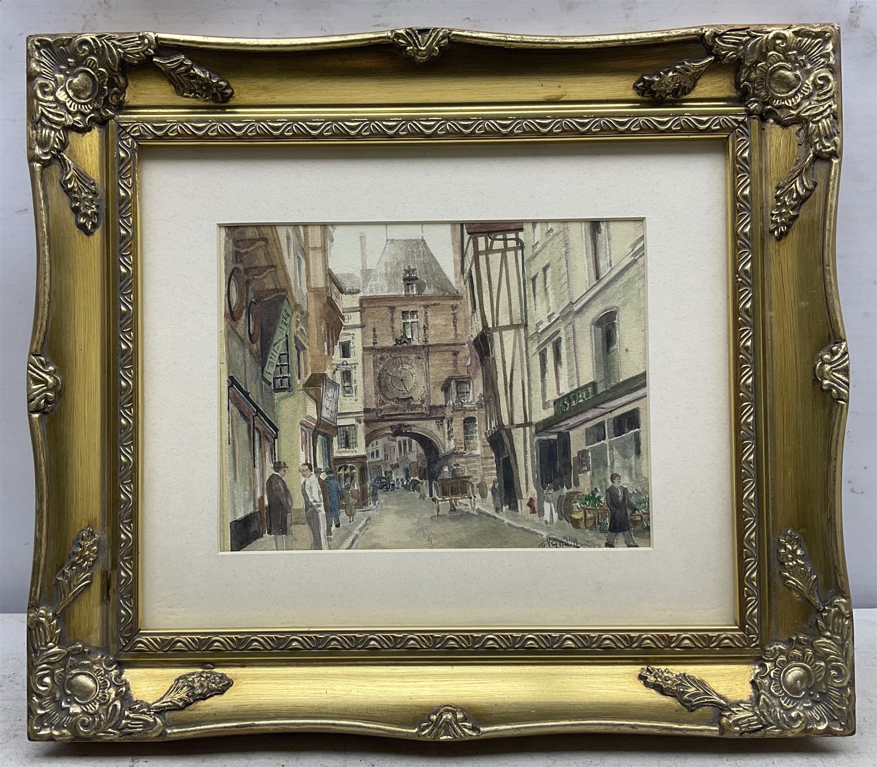 H V G Wallis (British 20th Century): The Great Clock - Rouen, watercolour signed; Continental School (Early 20th Century): View of Street and Cathedral, oil on board indistinctly signed, both housed in swept gilt frames max 29cm x 22cm (2)