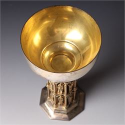 Elizabeth II silver and parcel gilt Wells Cathedral goblet by Hector Mills for Aurum , limited edition commemorating the eighth centenary in 1982, 79/800 with pierced figural stem H17cm