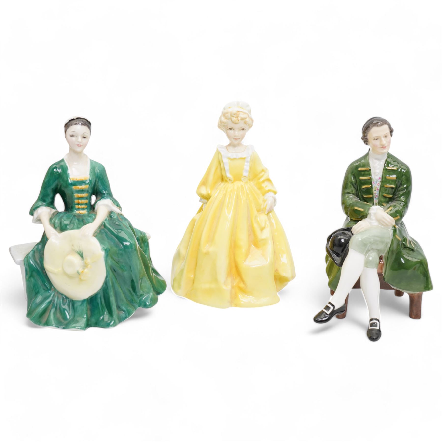 Royal Crown Derby Robin paperweight, Three Royal Worcester figures by FG Doughty including Burma 3068, India 5071 and China 3073 and two other Royal Doulton and Royal Worcester ladies (7)