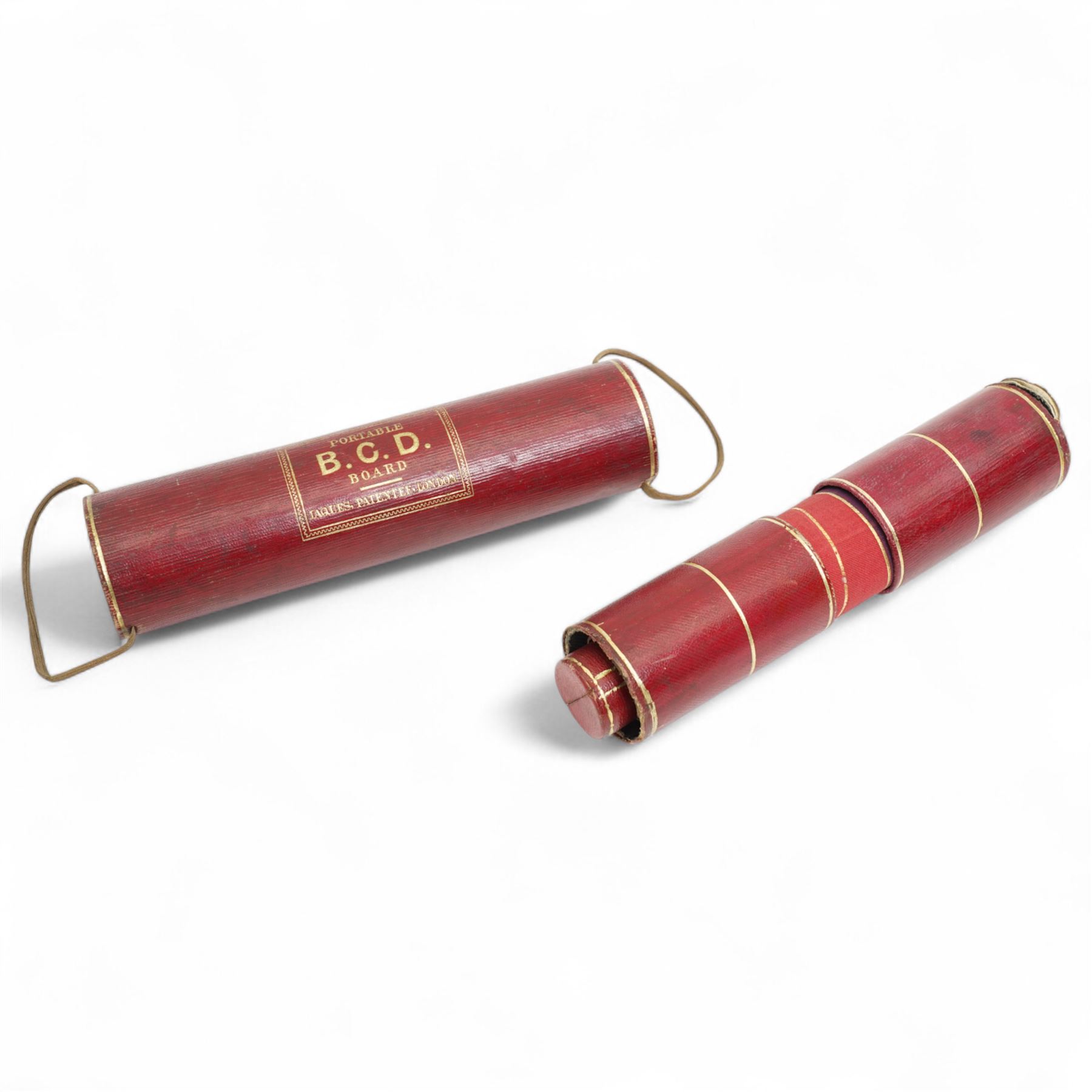 Jaques of London portable B.C.D. board for Backgammon, Chess and Draughts, the inner tube containing thirty two counters and two dice, outer red leather case